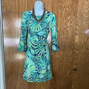 Lilly Pulitzer Blue and Green Sheath Dress with Bell Sleeves